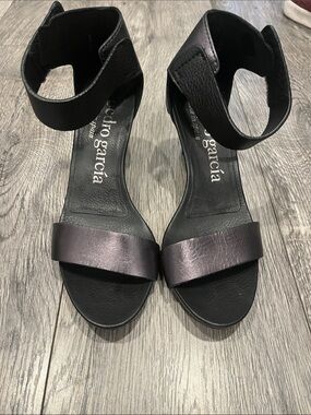 Pedro Garcia Black Leather Ankle-Strap Sandals with Metallic Toe Band